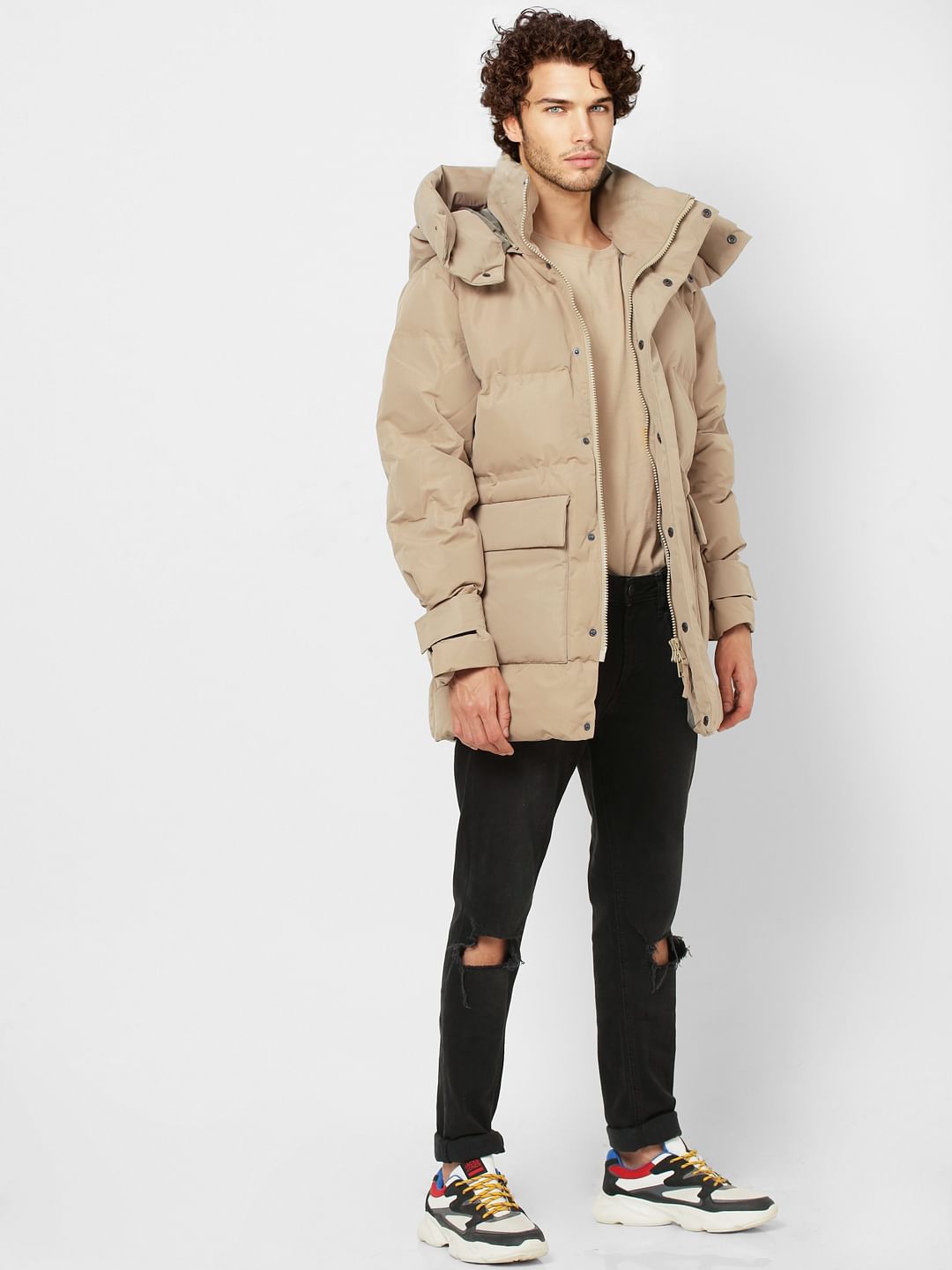 Beige Hooded Long Puffer Jacket