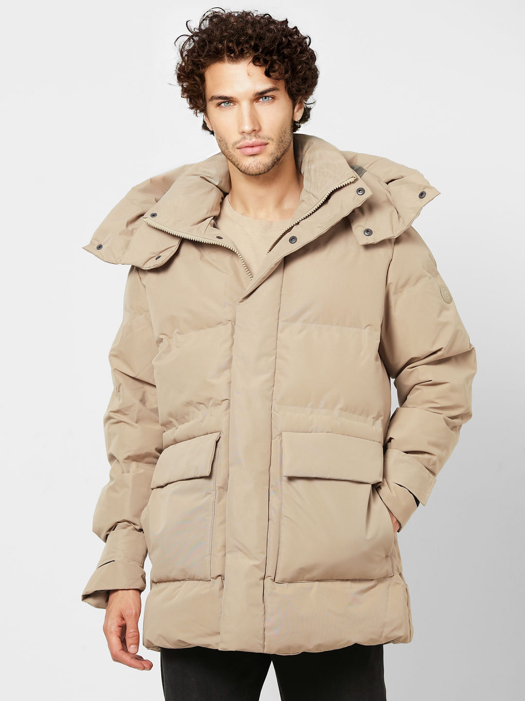 Beige Hooded Long Puffer Jacket