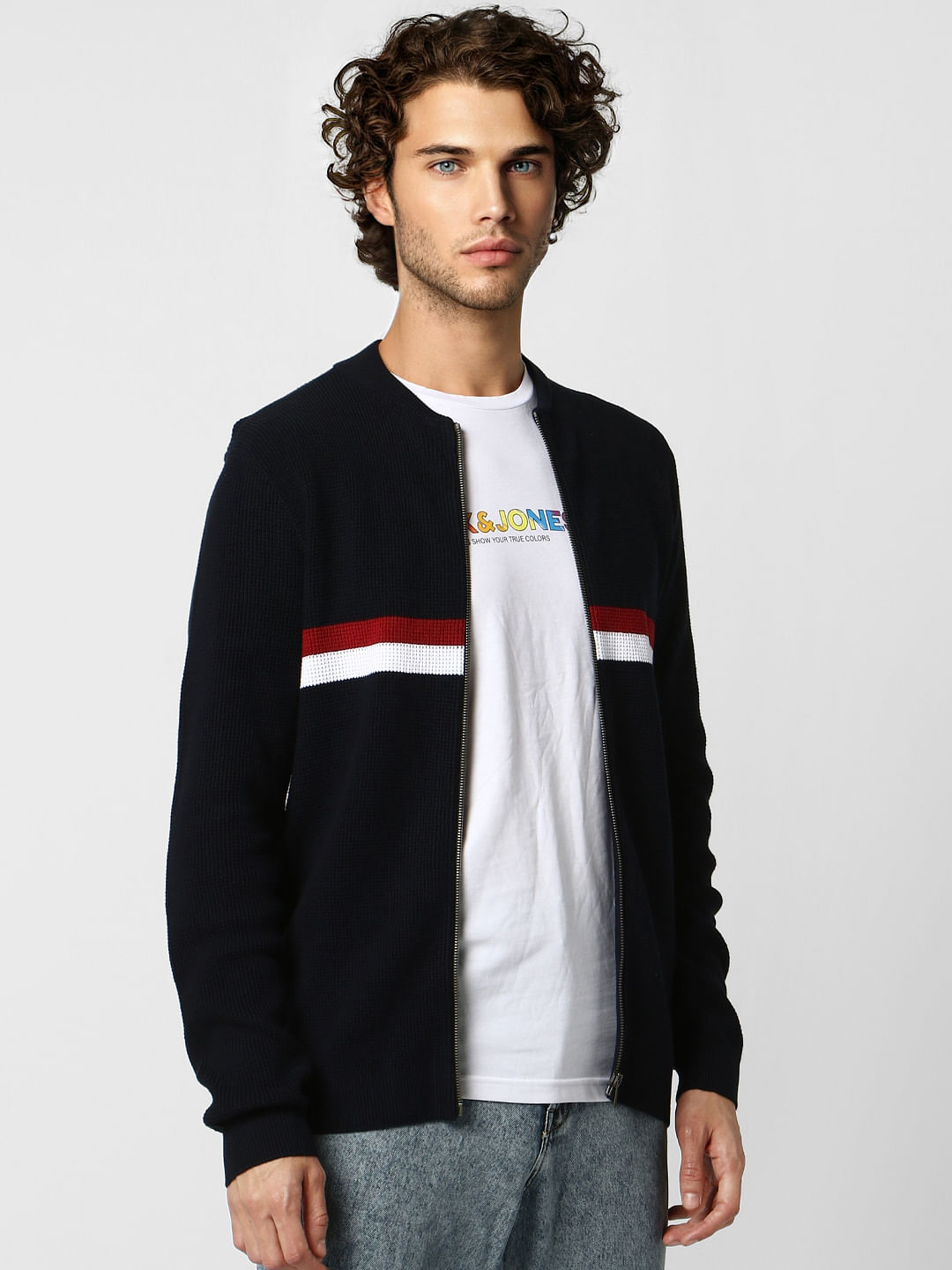 Navy Blue Colourblocked Zip-Up Cardigan