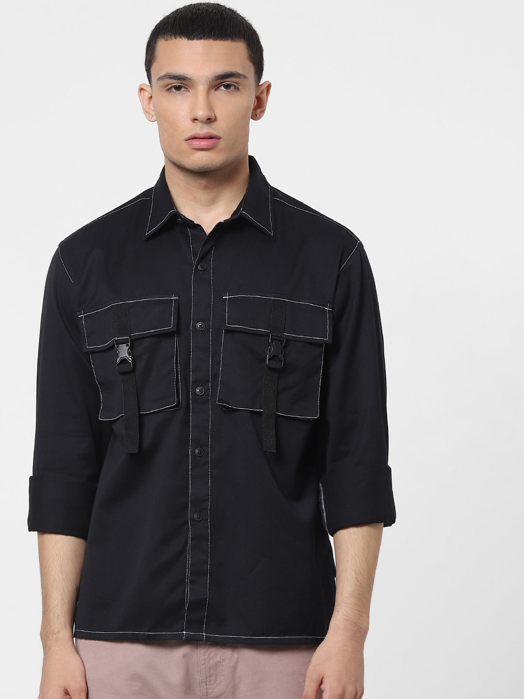 Black Overstitch Detail Full Sleeves Overshirt