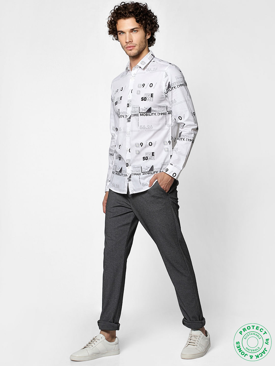 White Full Sleeves All Over Print Slim Fit Shirt