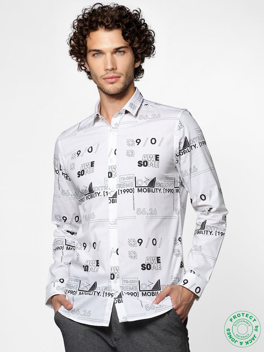 White Full Sleeves All Over Print Slim Fit Shirt