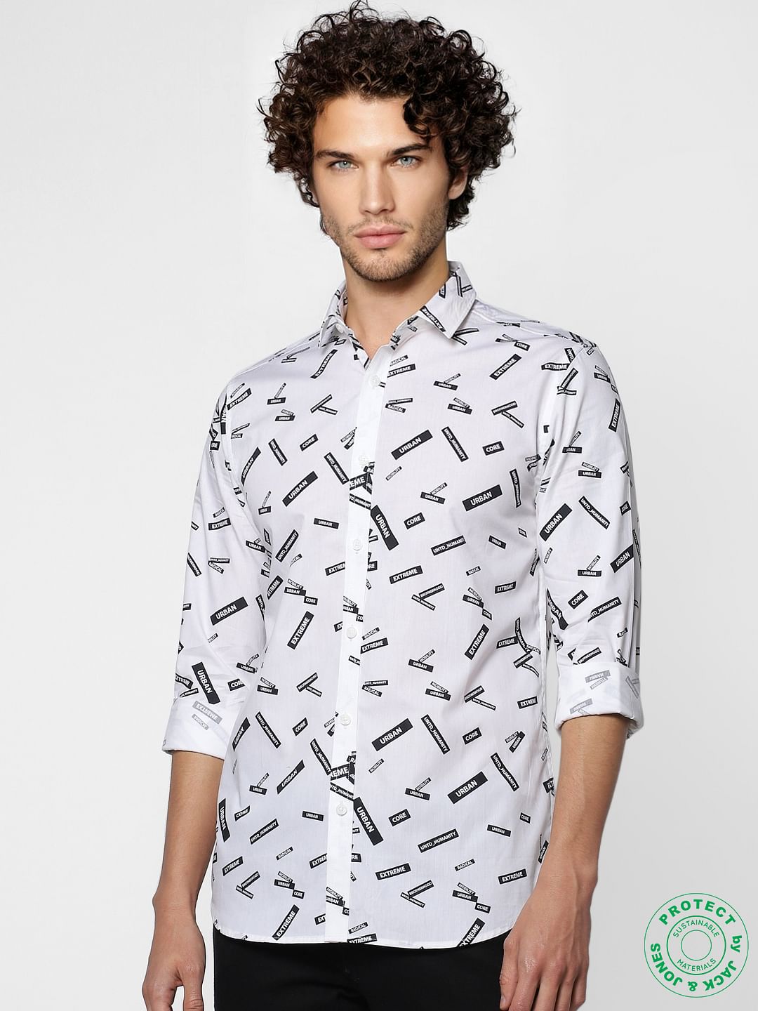 White Full Sleeves All Over Text Print Slim Fit Shirt
