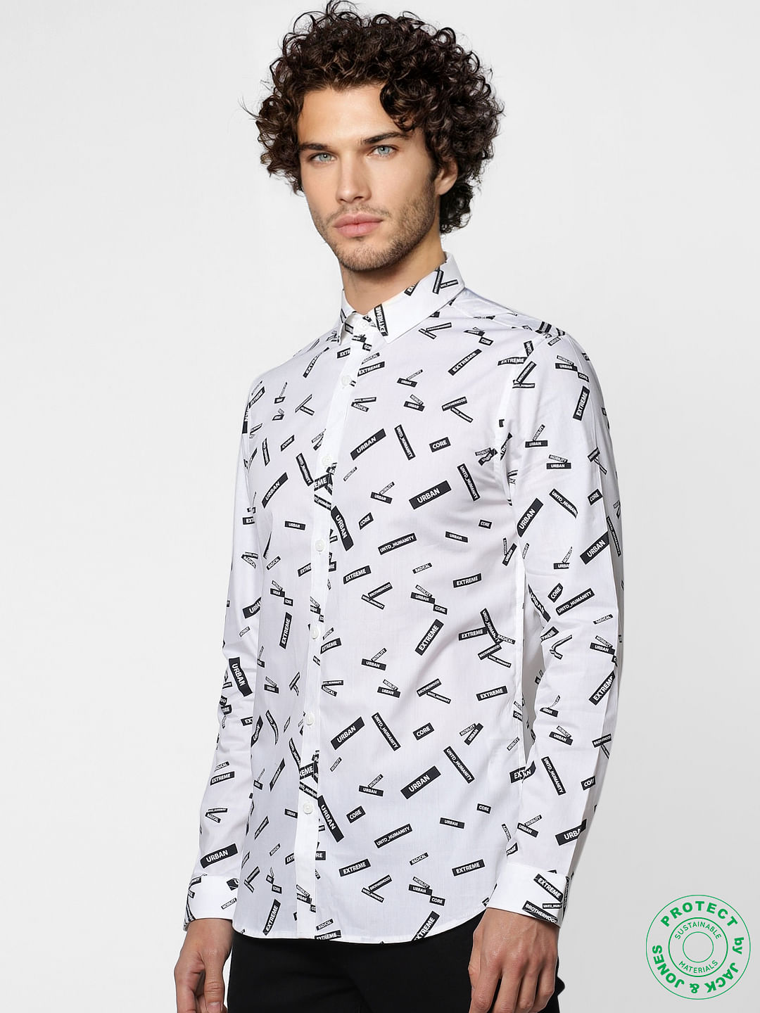 White Full Sleeves All Over Text Print Slim Fit Shirt