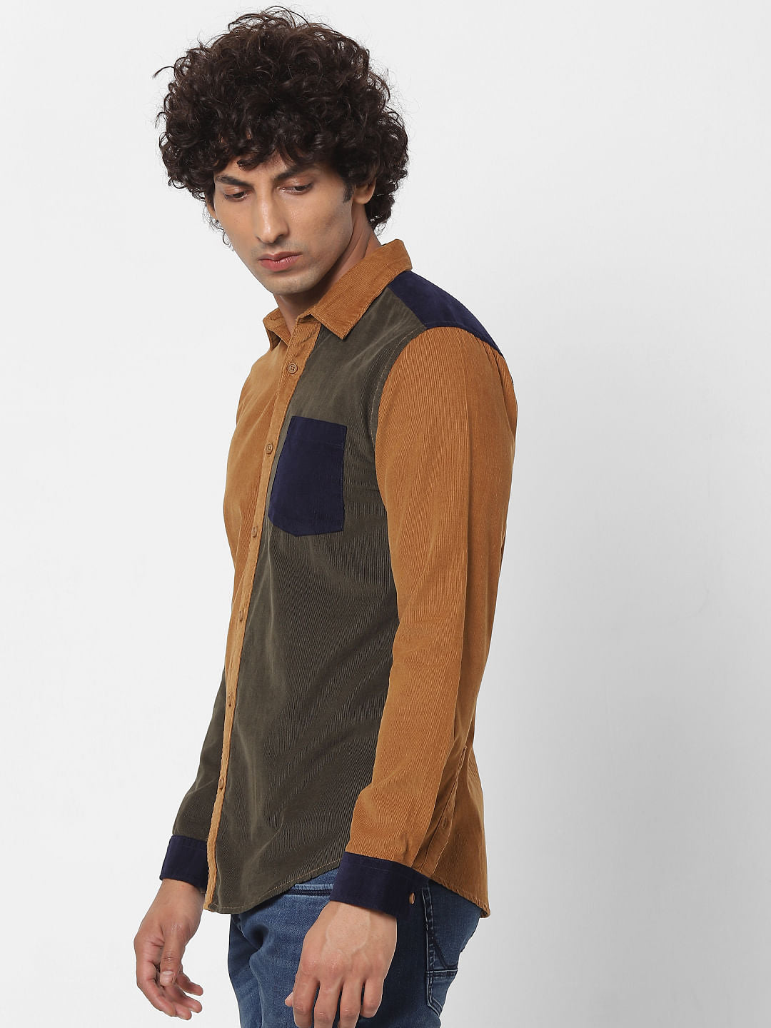 Dark Green Colourblocked Corduroy Shirt