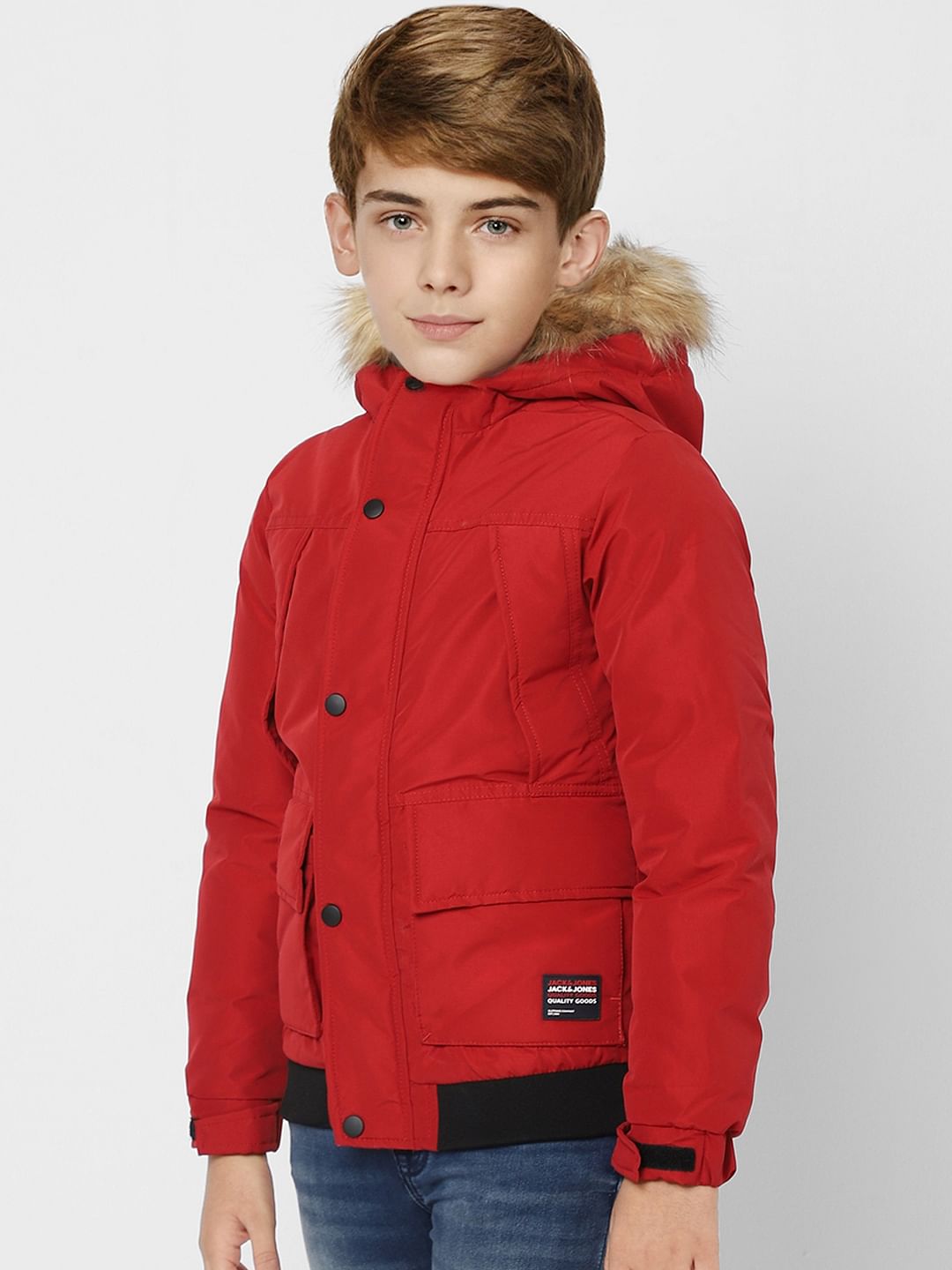 Boys Red Faux Fur Hooded Winter Jacket