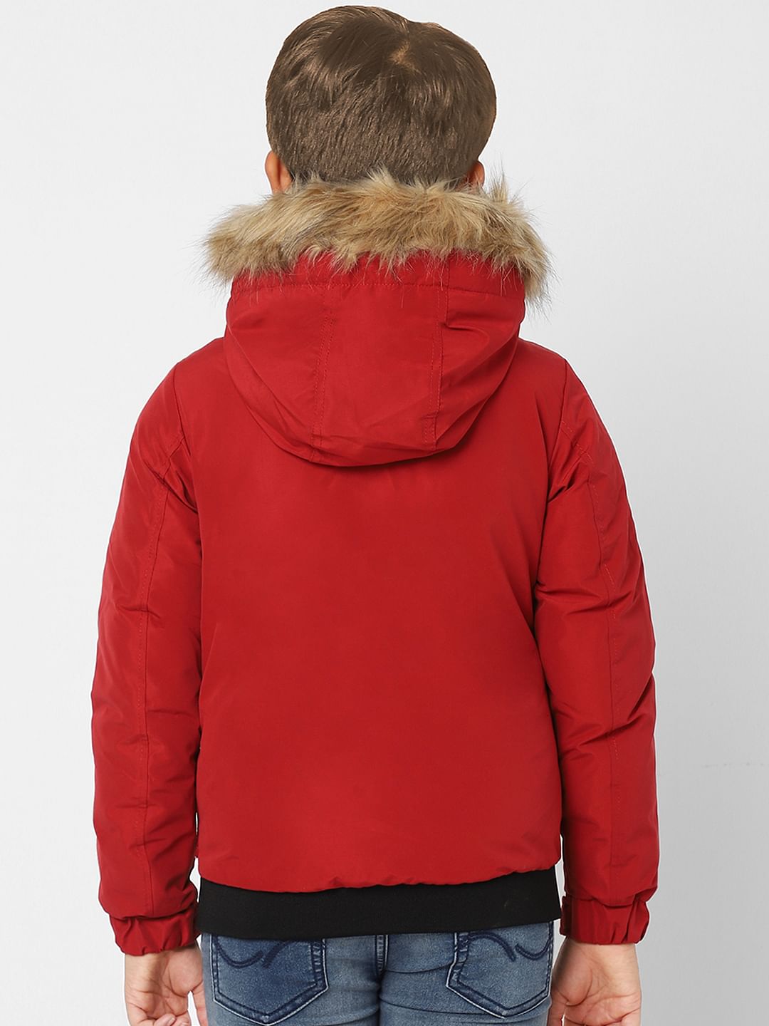 Boys Red Faux Fur Hooded Winter Jacket