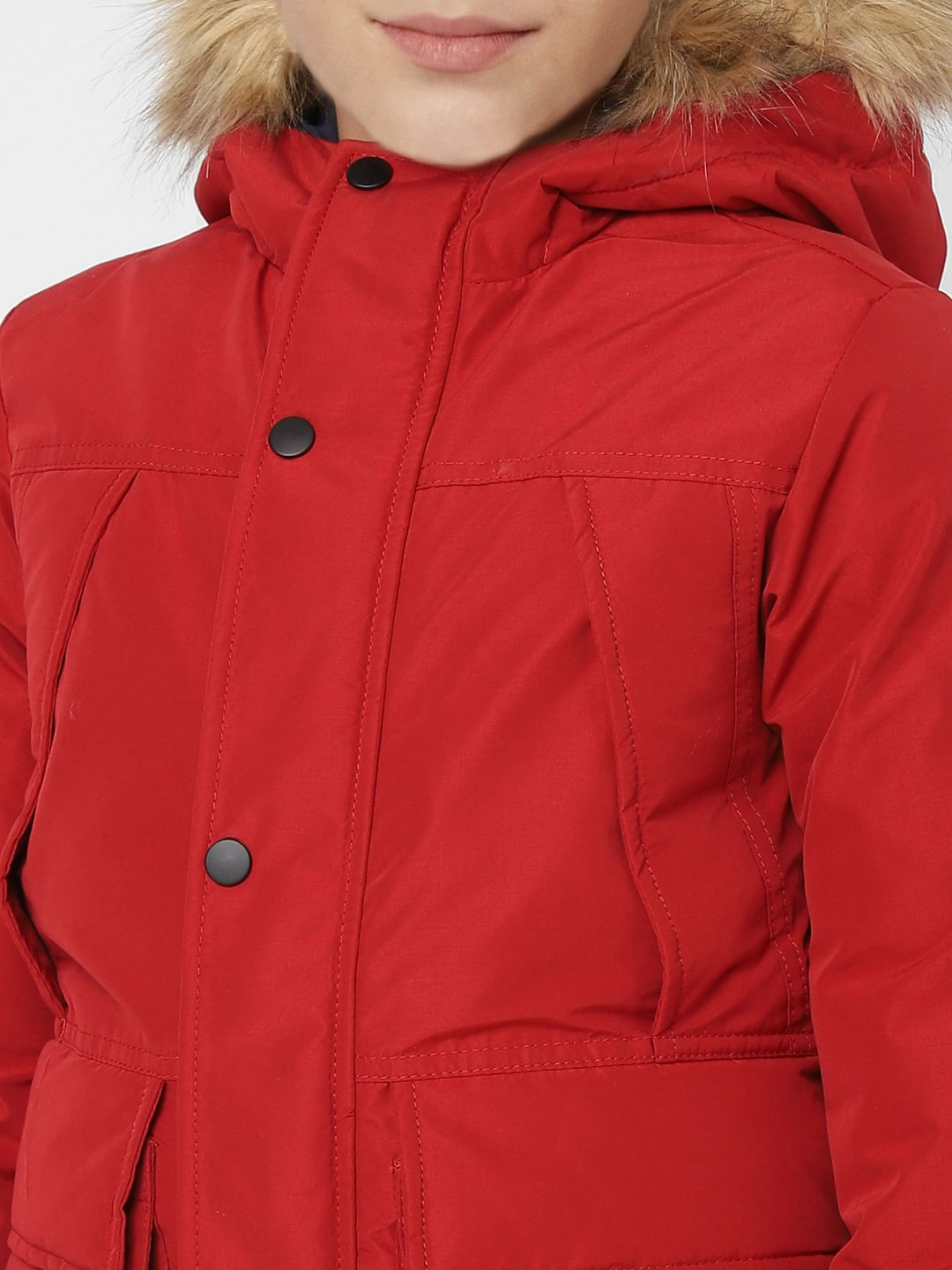 Boys Red Faux Fur Hooded Winter Jacket