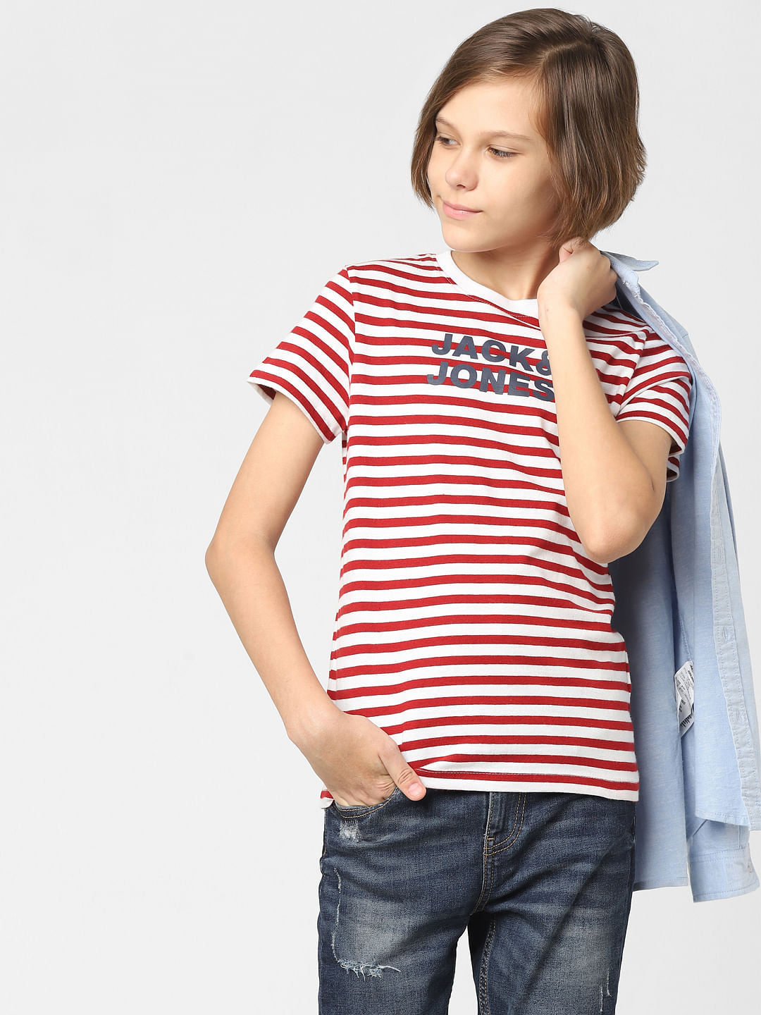 BOYS Red Striped Crew Neck T-shirt