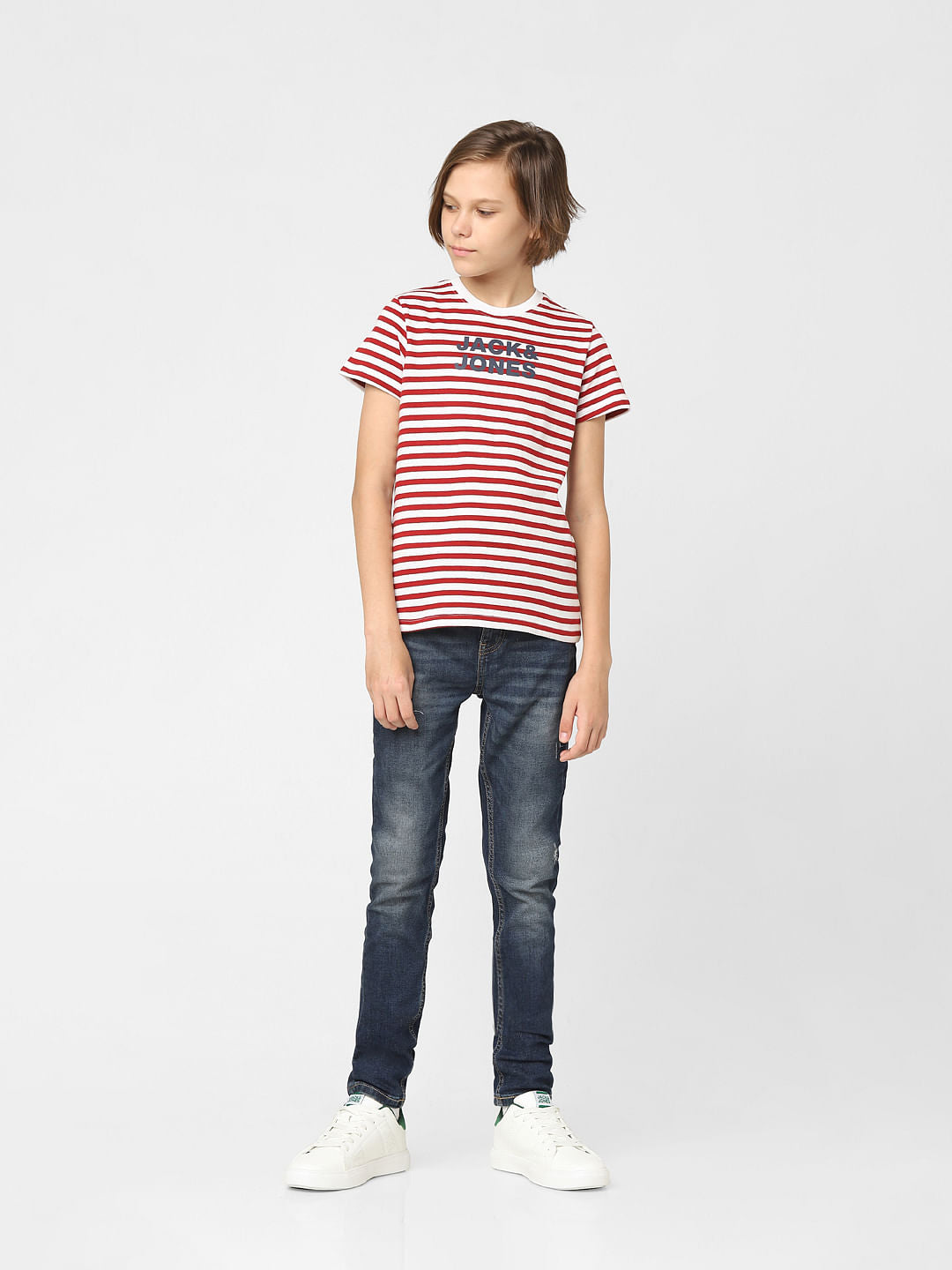 BOYS Red Striped Crew Neck T-shirt