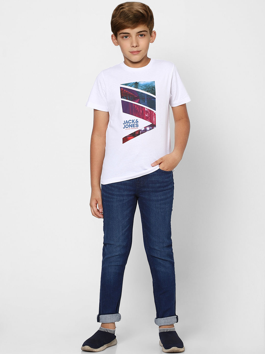 Boys White Graphic Print Crew Neck T-shirt