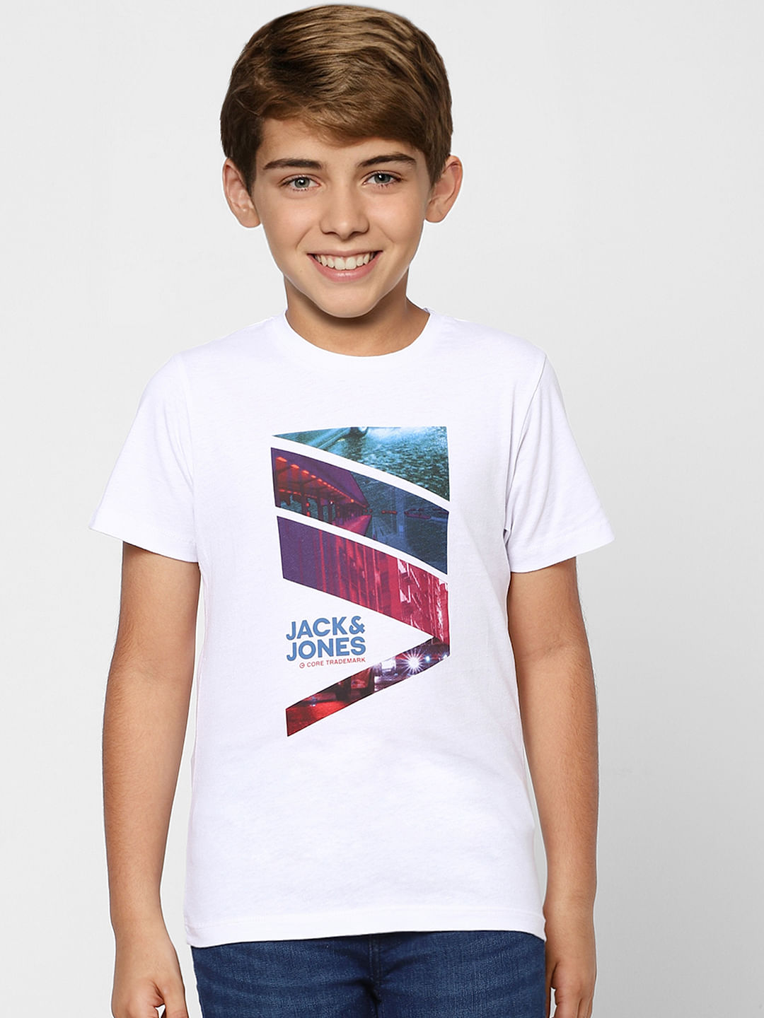 Boys White Graphic Print Crew Neck T-shirt