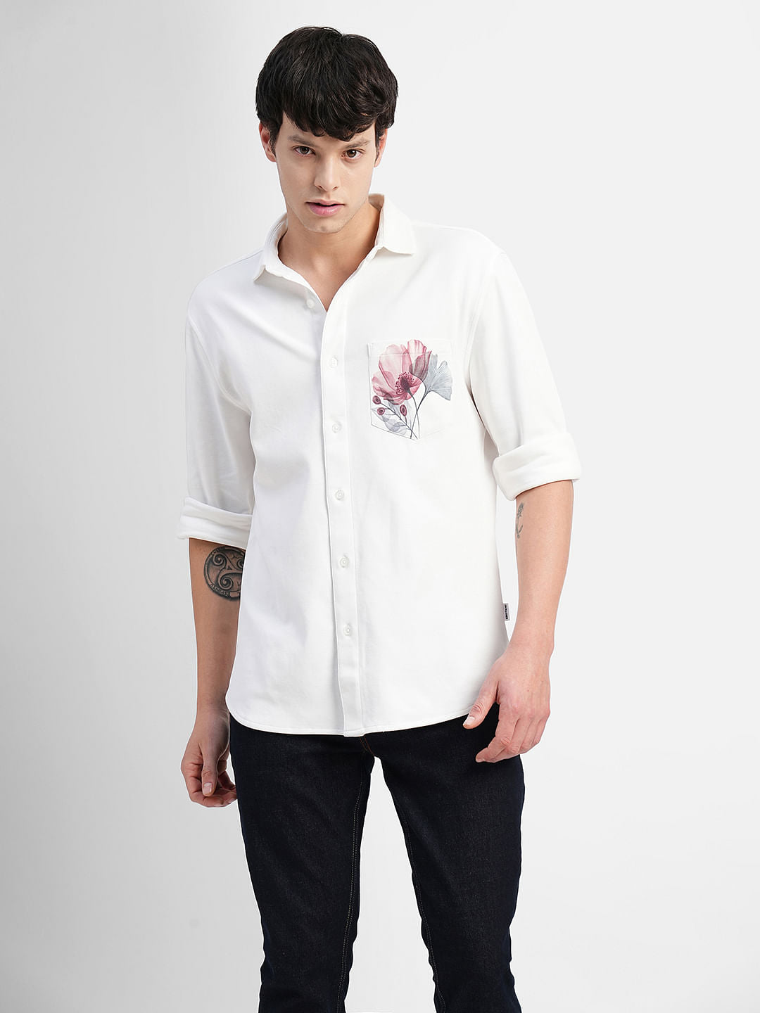 White Floral Print Full Sleeves Shirt