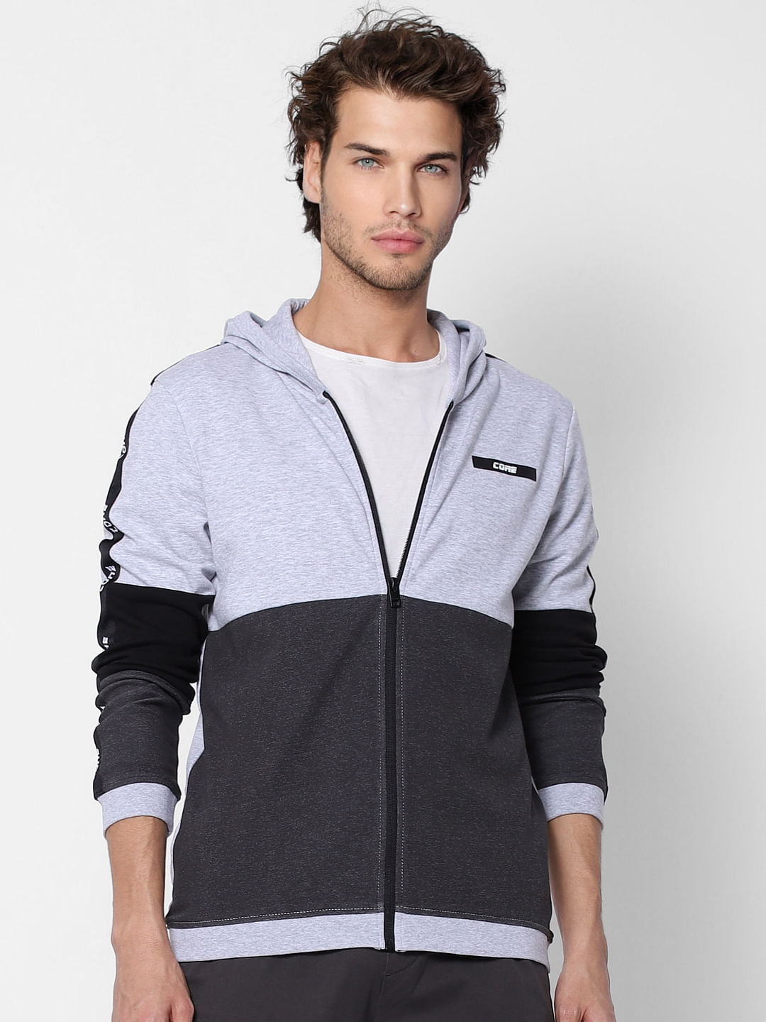 Grey Colourblocked Hooded Sweatshirt