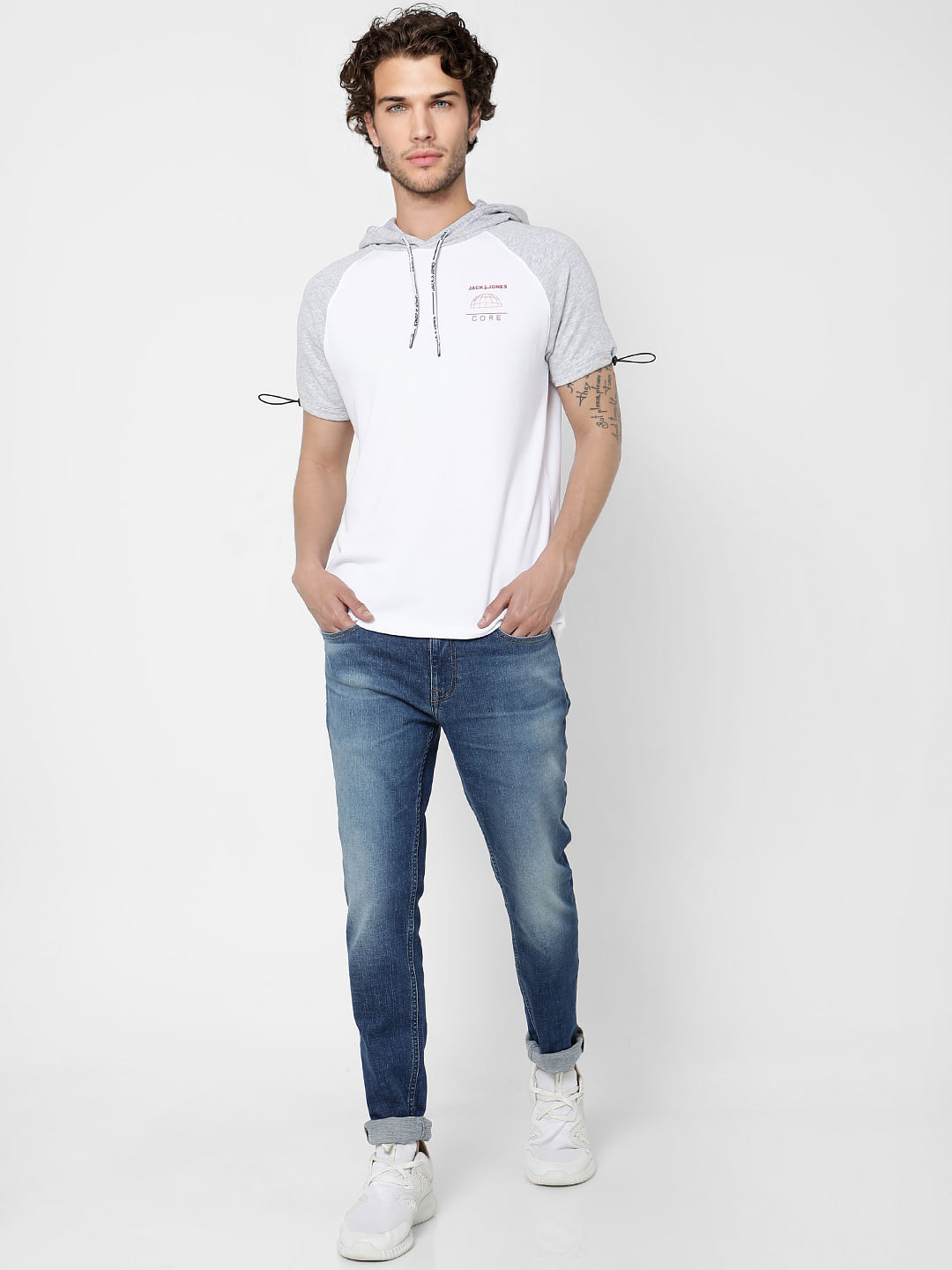 White Colourblocked Hooded Sweatshirt