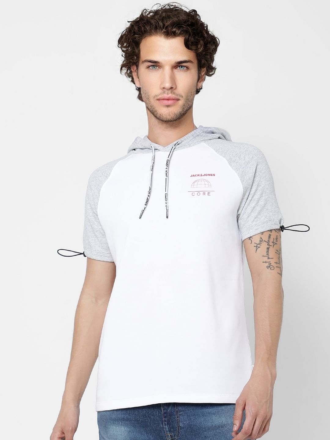 White Colourblocked Hooded Sweatshirt