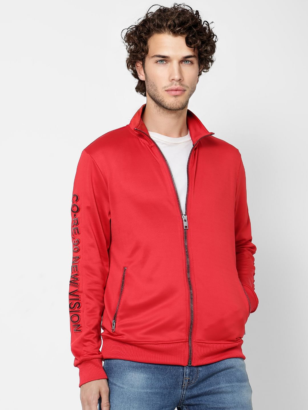 Red Embossed Text Sweat Jacket