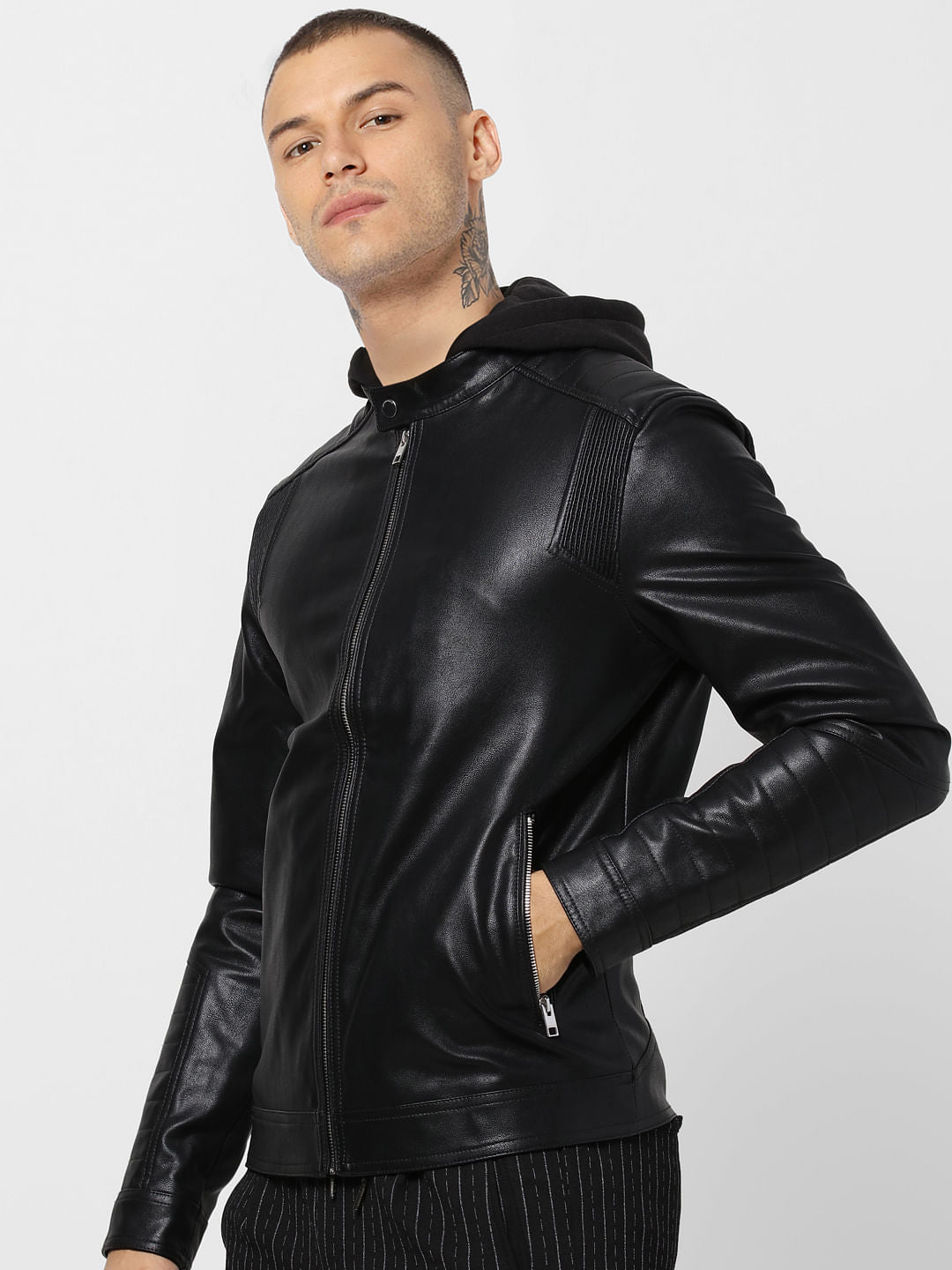 Black Hooded PU Jacket