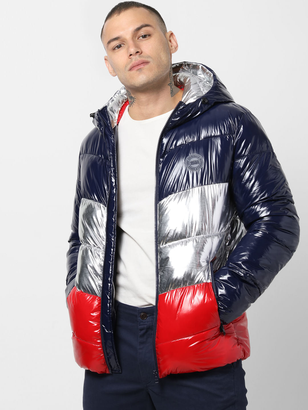 Blue Colourblocked Hooded Puffer Jacket