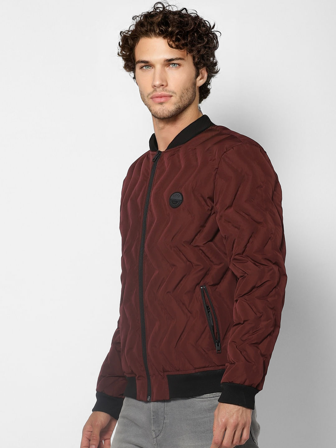 Burgundy Self-Design Bomber Jacket