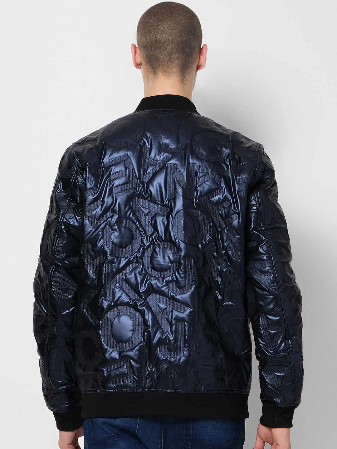 Blue Text Embossed Puffer Jacket