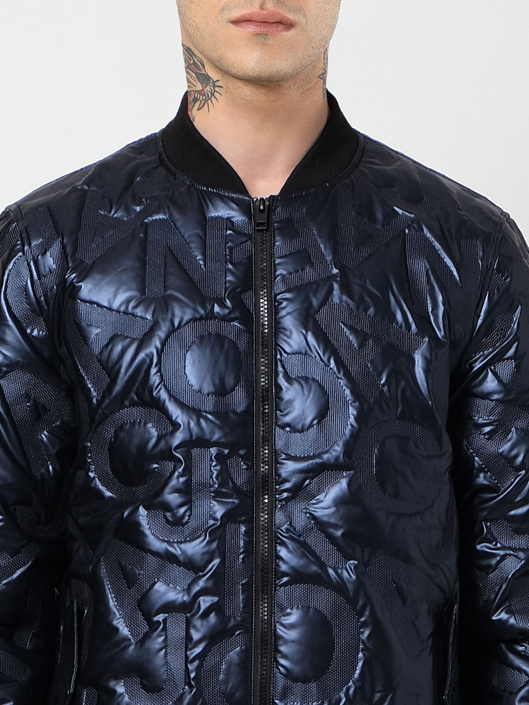 Blue Text Embossed Puffer Jacket