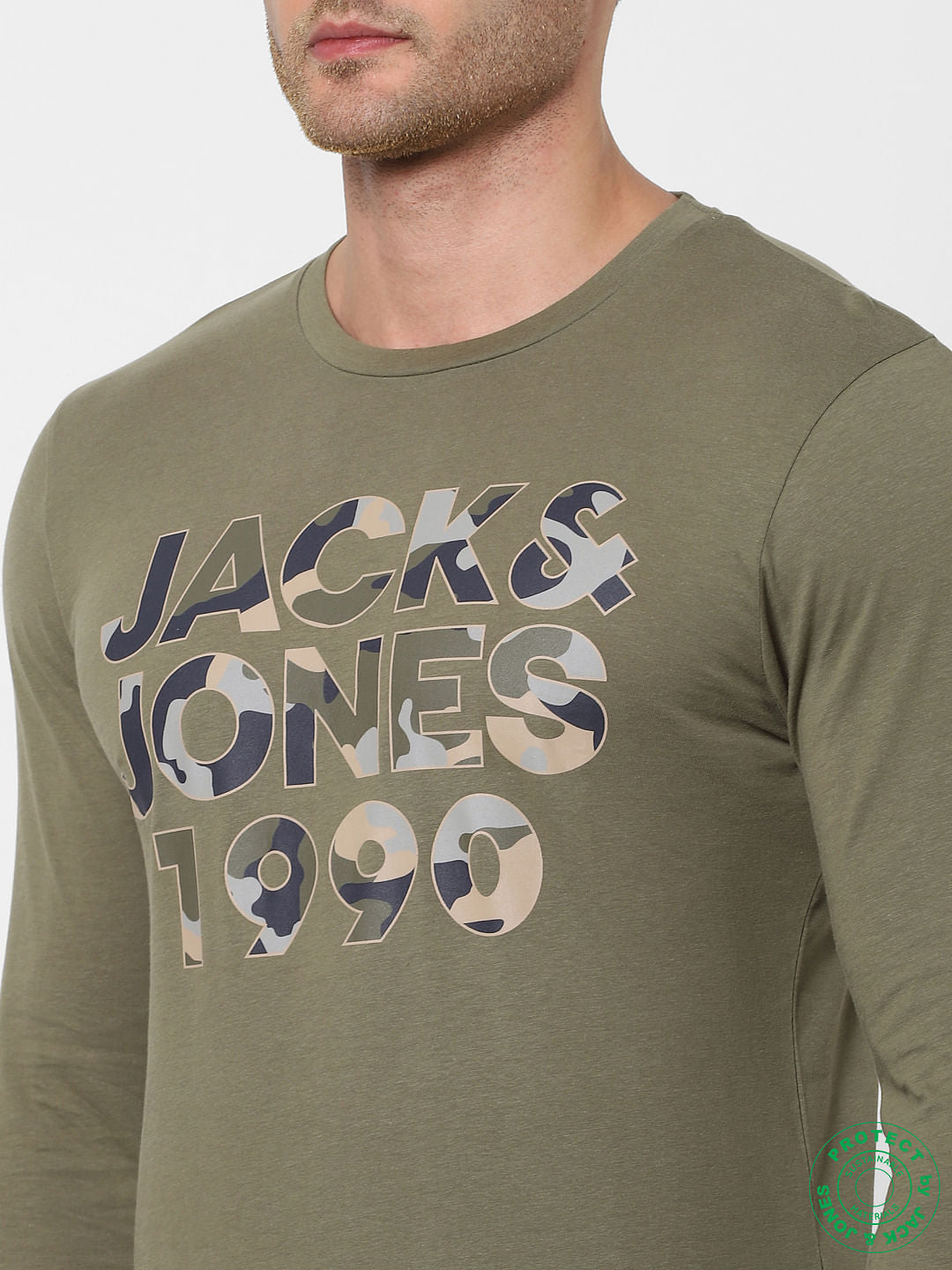 Olive Green Logo Print Full Sleeves Crew Neck T-shirt