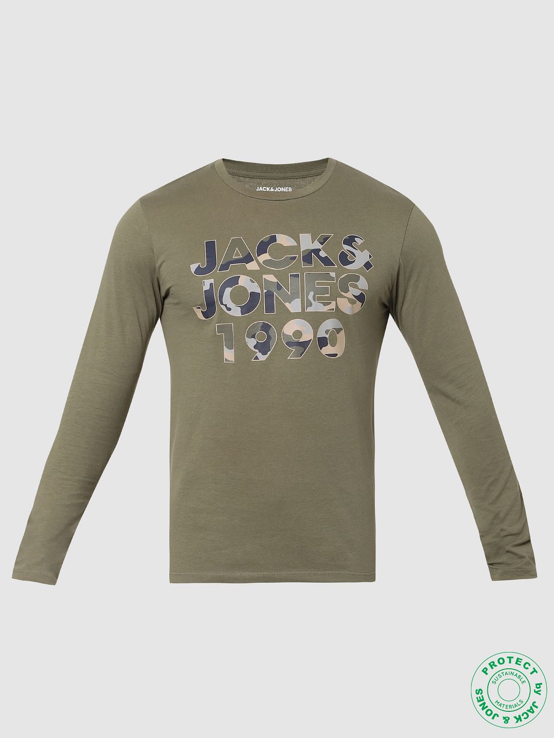 Olive Green Logo Print Full Sleeves Crew Neck T-shirt