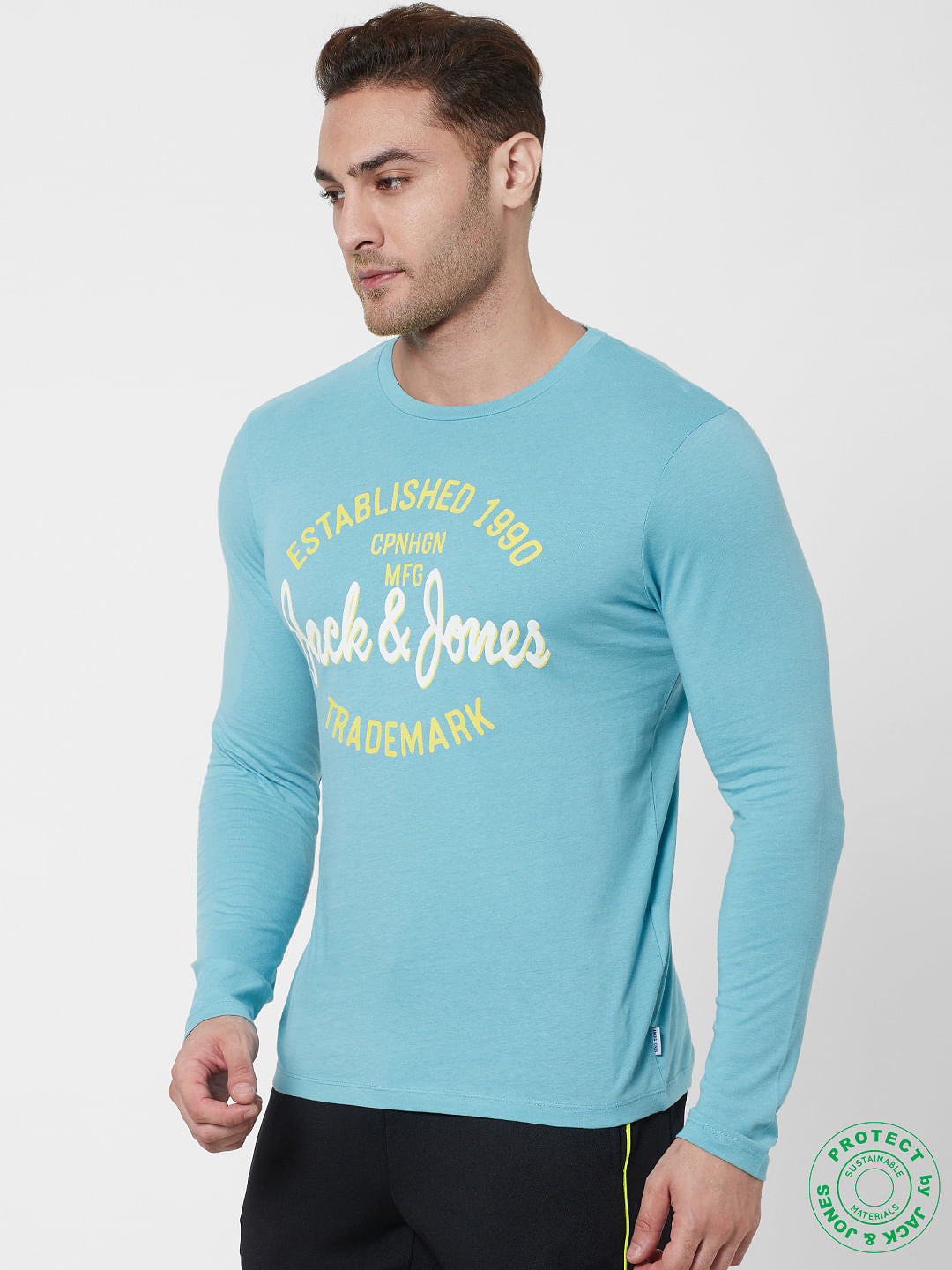 Blue Logo Print Full Sleeves Crew Neck T-shirt