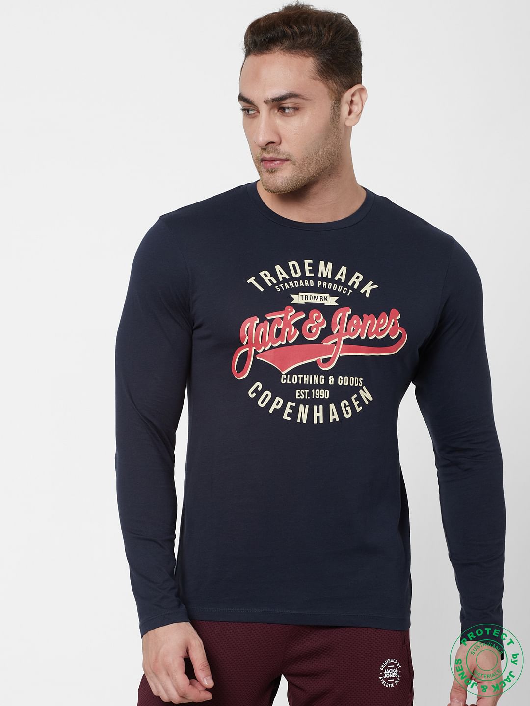 Blue Logo Print Full Sleeves Crew Neck T-shirt