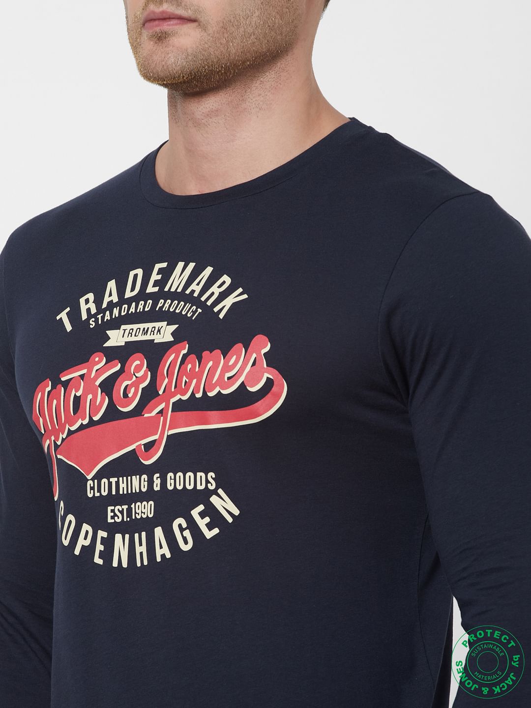 Blue Logo Print Full Sleeves Crew Neck T-shirt