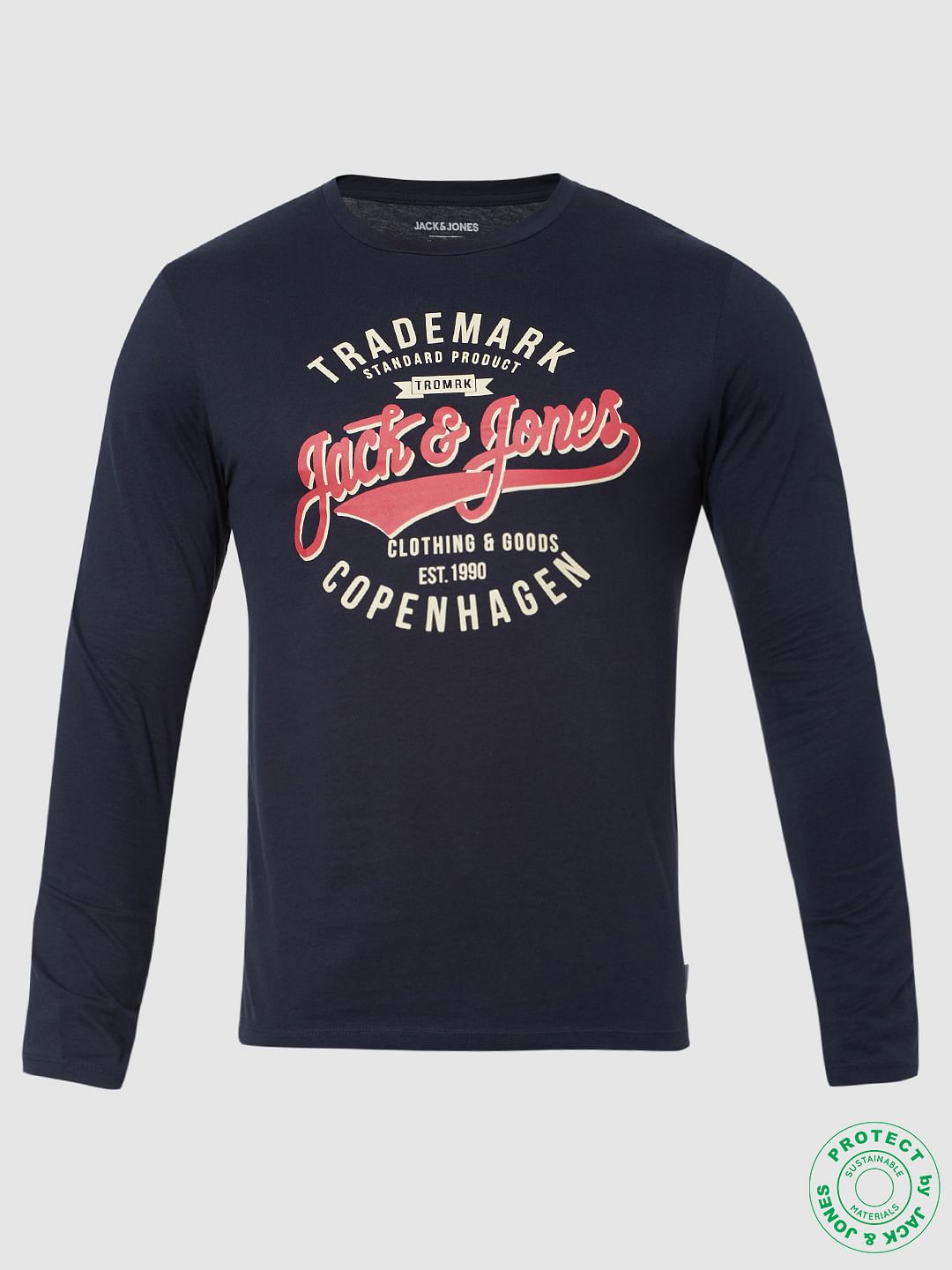 Blue Logo Print Full Sleeves Crew Neck T-shirt