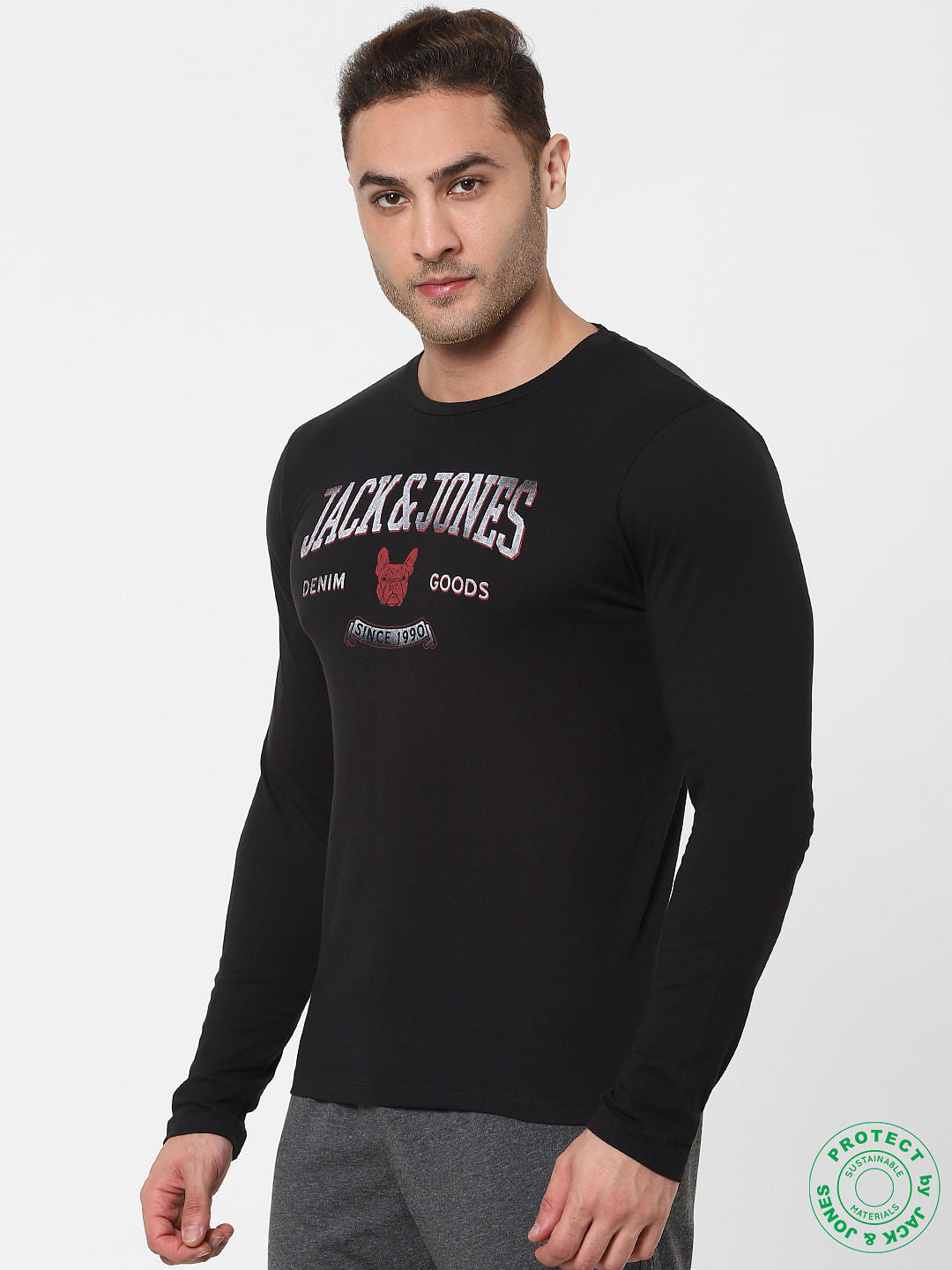Black Logo Print Full Sleeves Crew Neck T-shirt