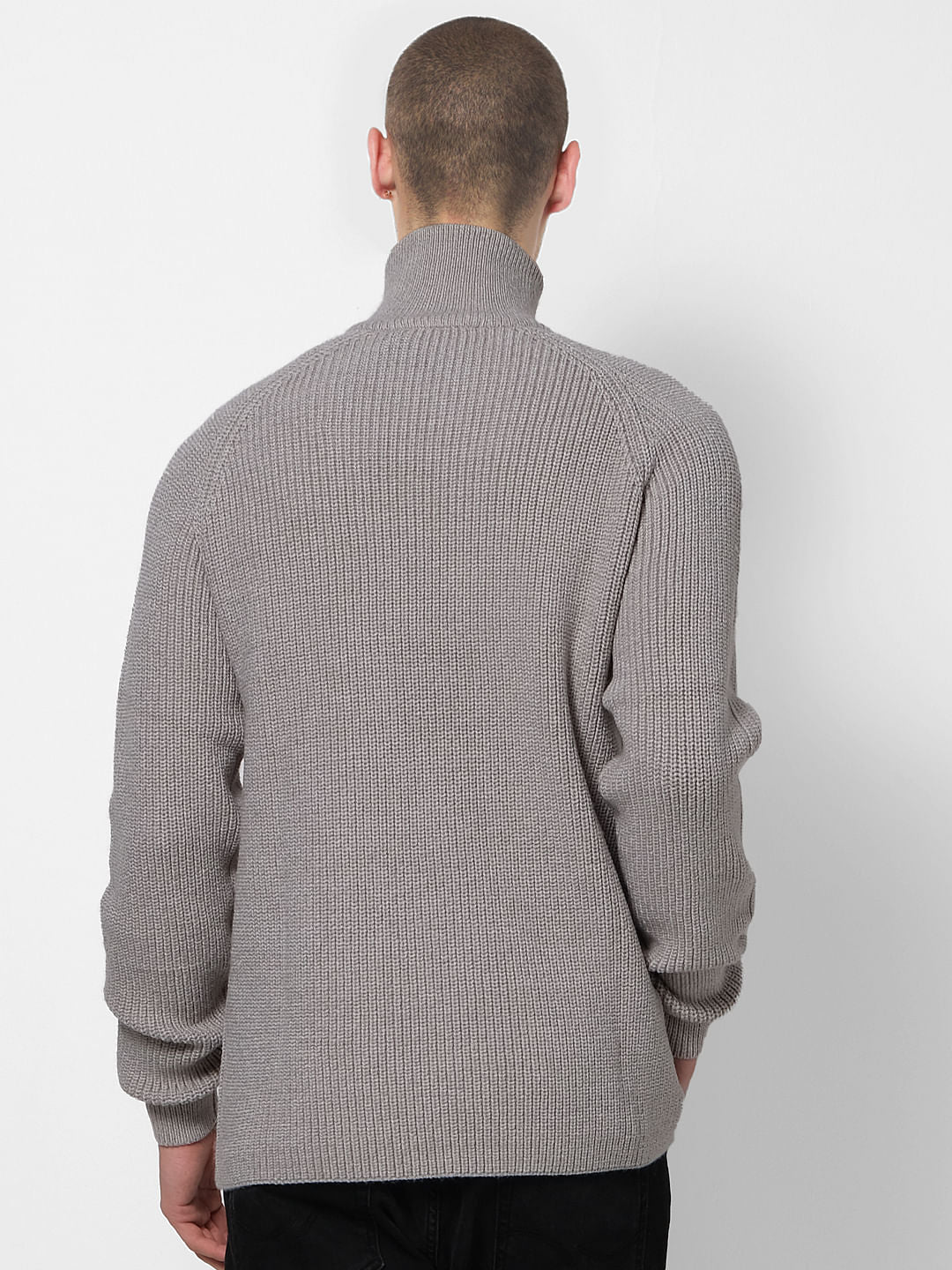 Grey Ribbed High Neck Pullover