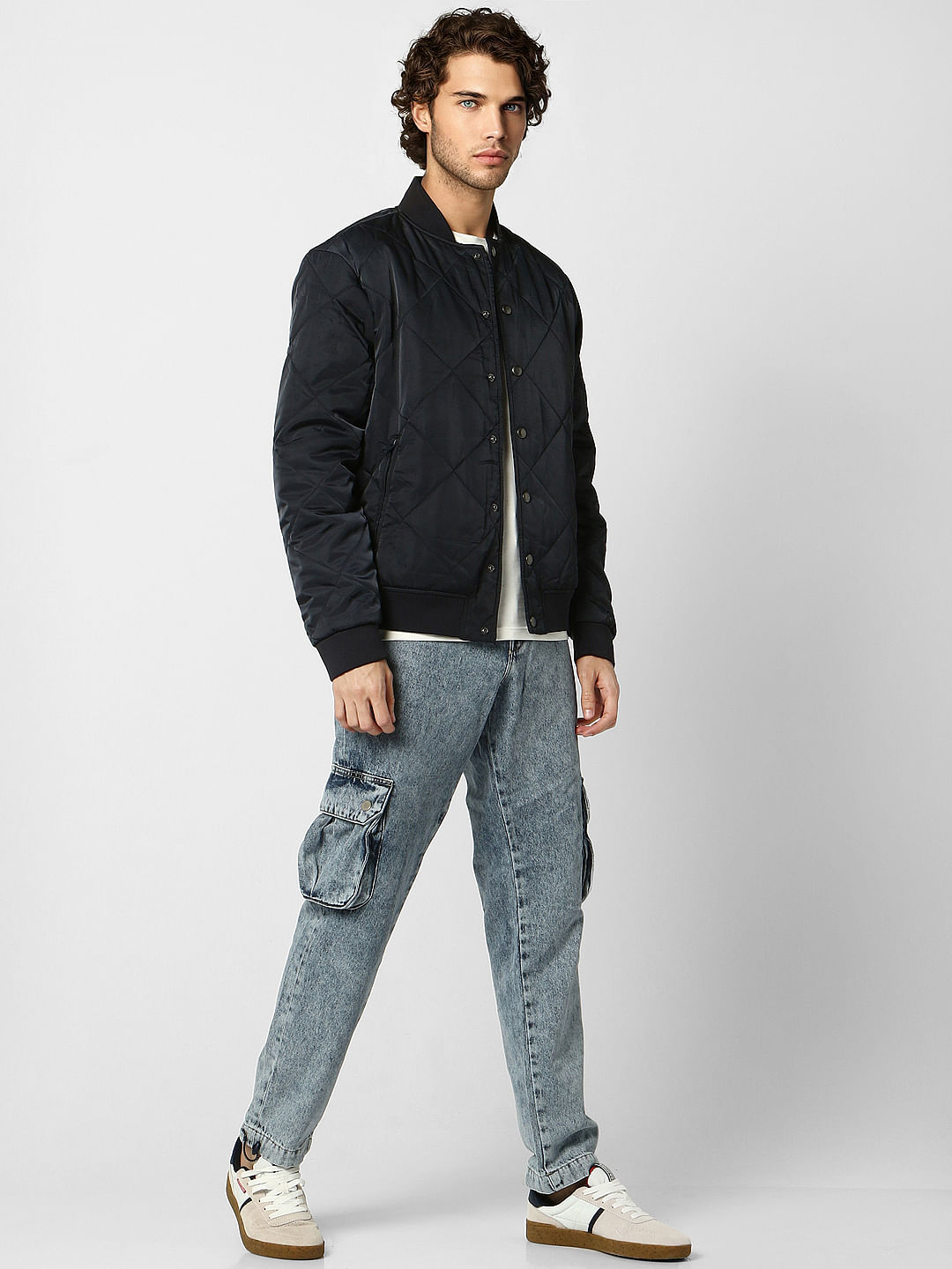 Navy Blue Self-Design Quilted Jacket