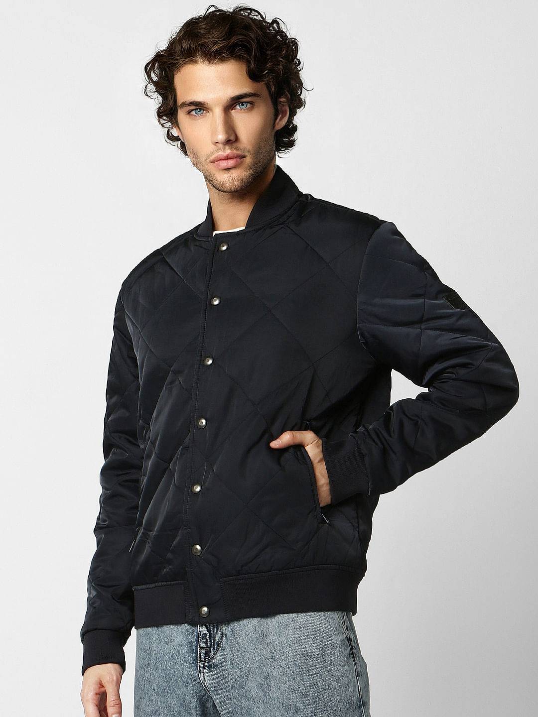Navy Blue Self-Design Quilted Jacket