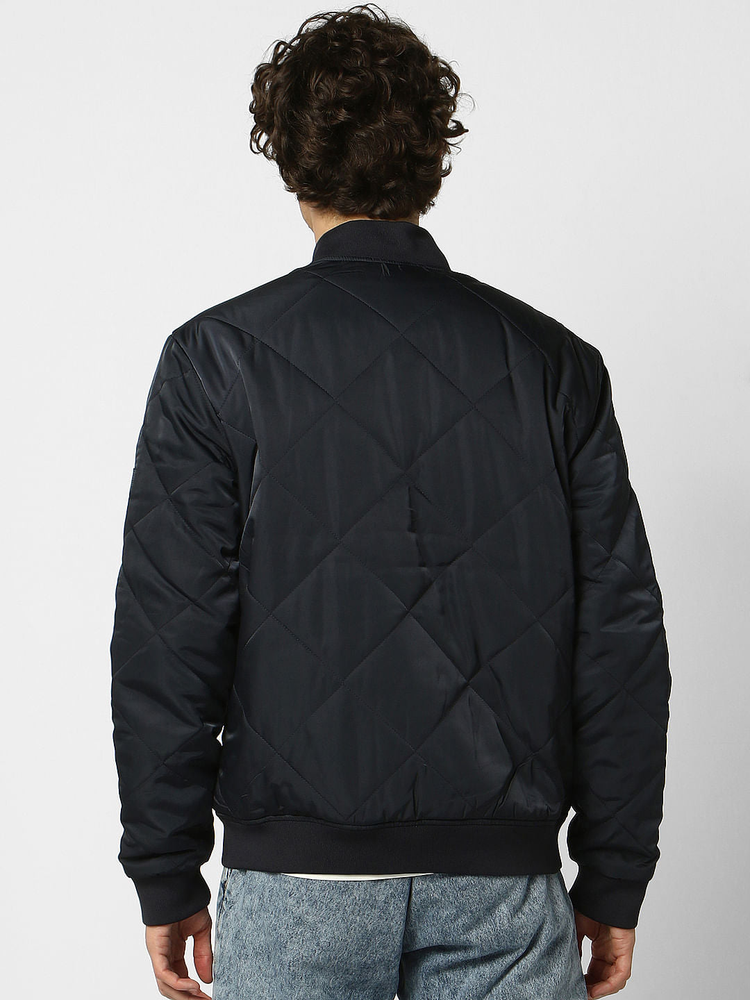 Navy Blue Self-Design Quilted Jacket