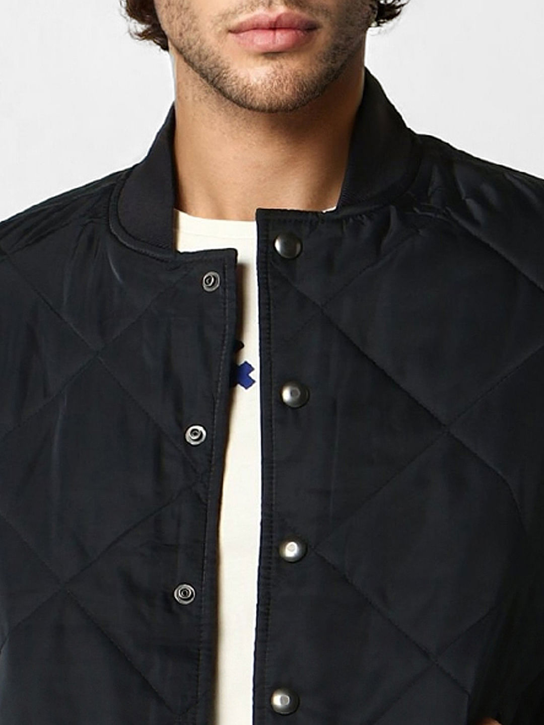 Navy Blue Self-Design Quilted Jacket
