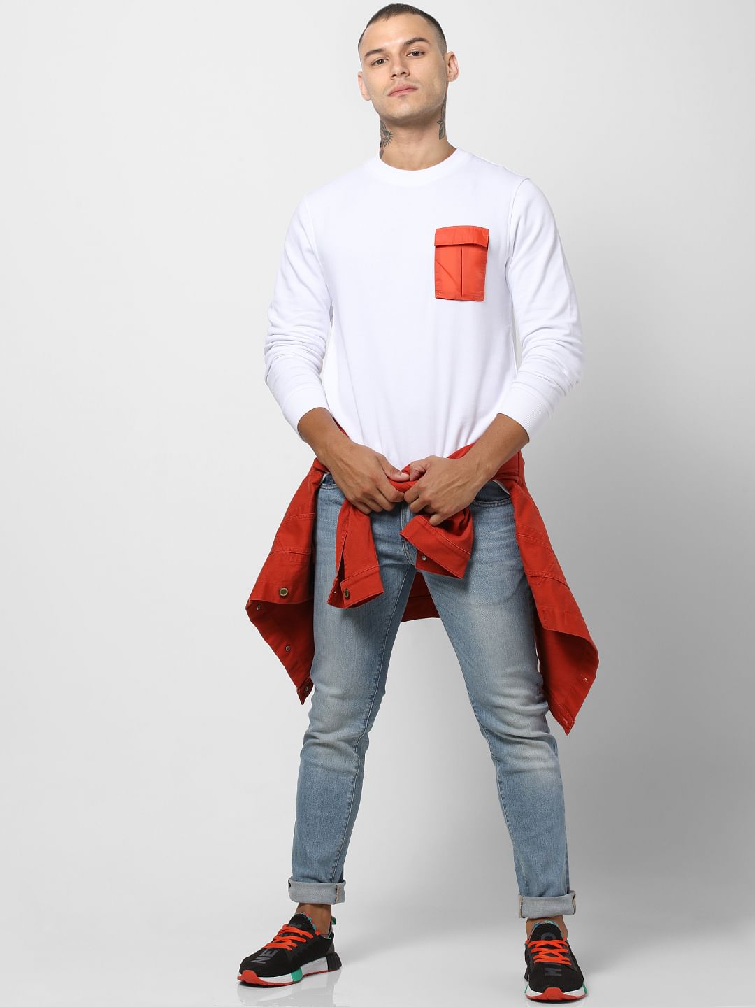 White Contrast Pocket Sweatshirt