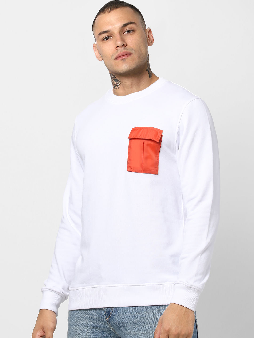 White Contrast Pocket Sweatshirt
