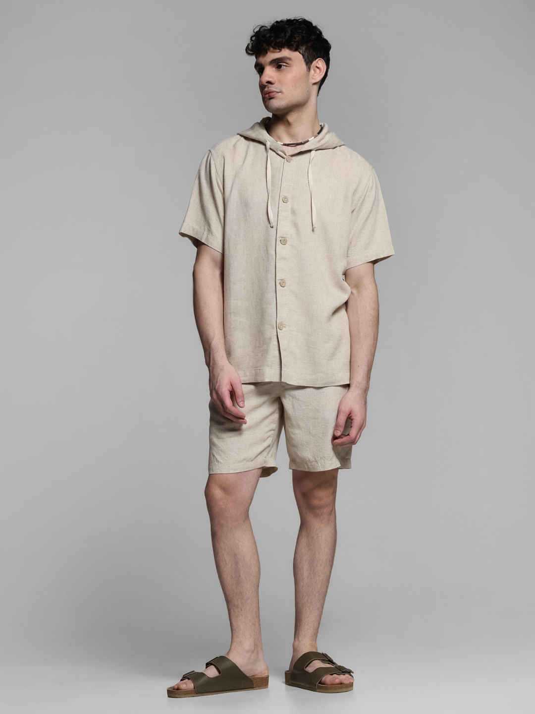 Beige Mid Rise Co-ord Set Shorts