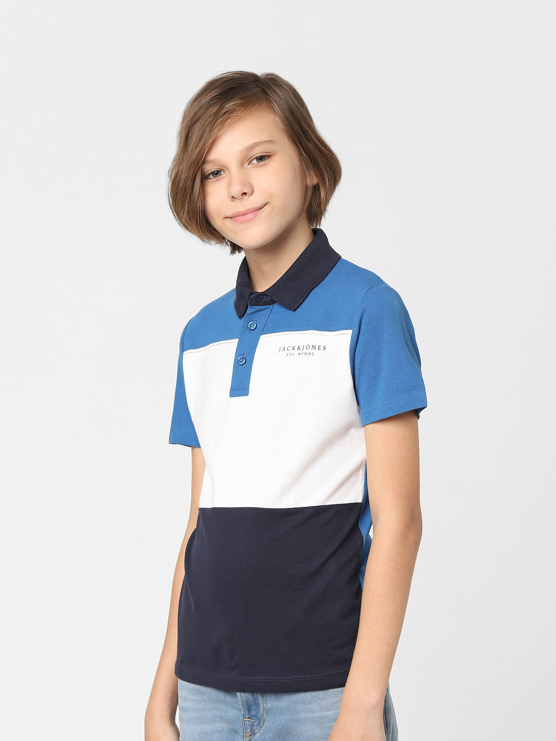 BOYS Blue Colourblocked Polo Neck T-shirt