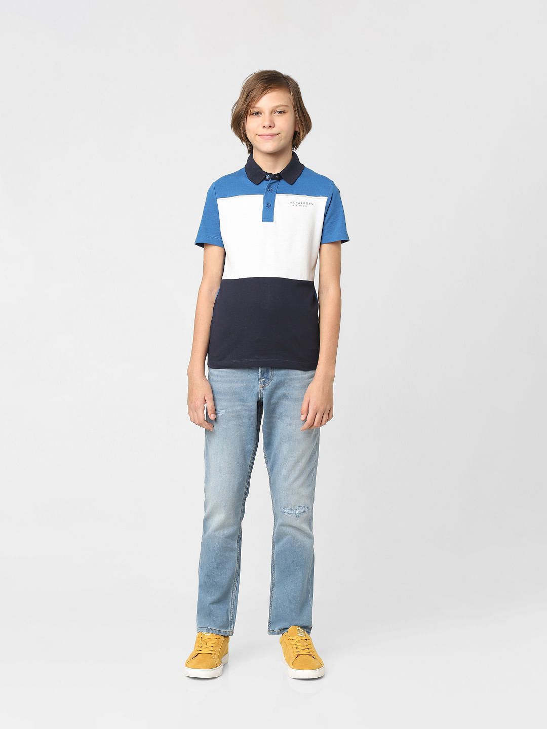 BOYS Blue Colourblocked Polo Neck T-shirt