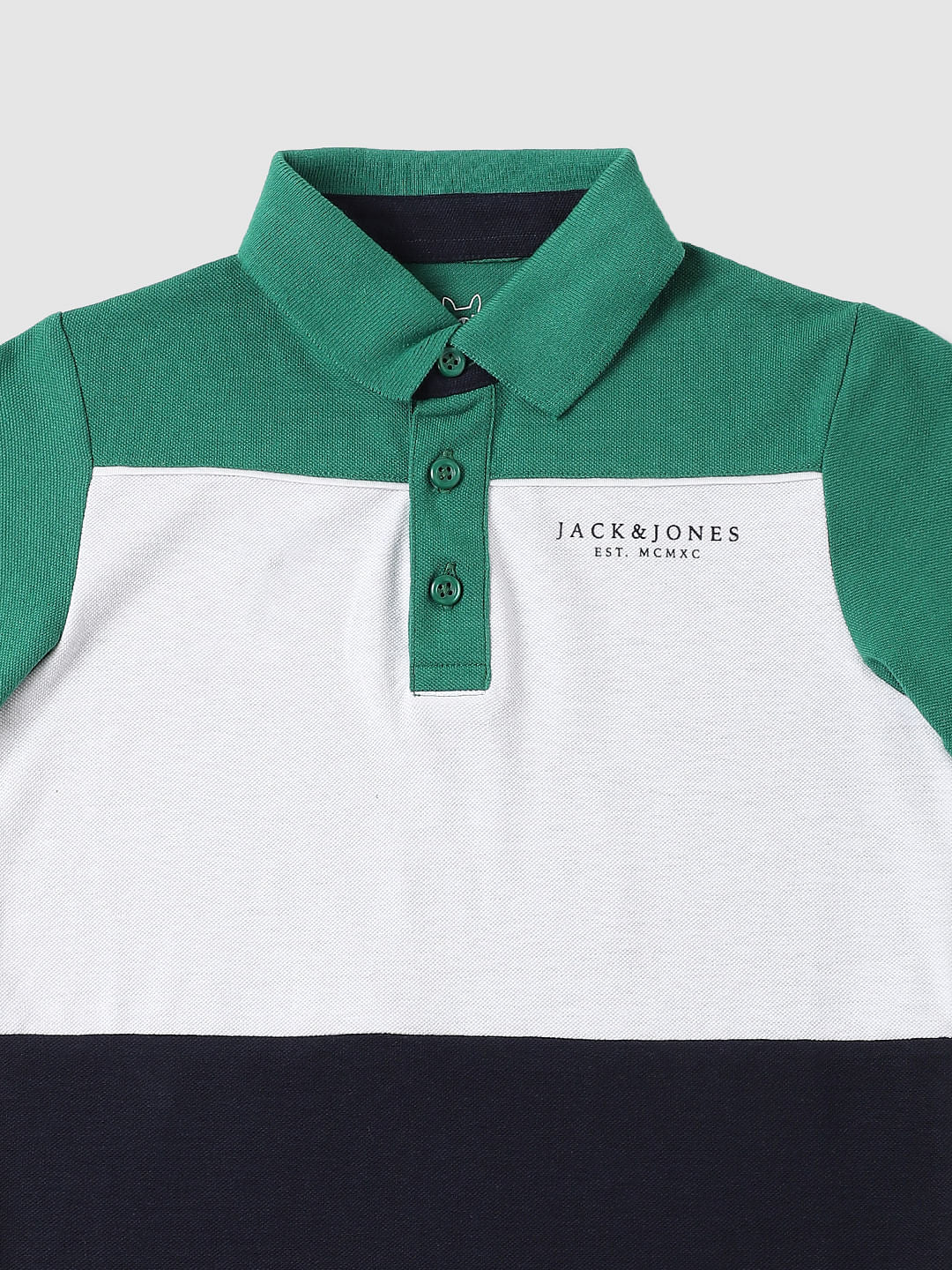 BOYS Green Colourblocked Polo Neck T-shirt