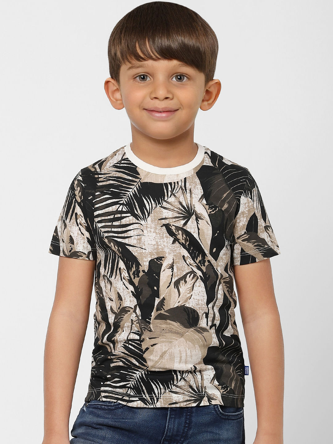 BOYS Beige & Green Tropical Print Crew Neck T-shirt