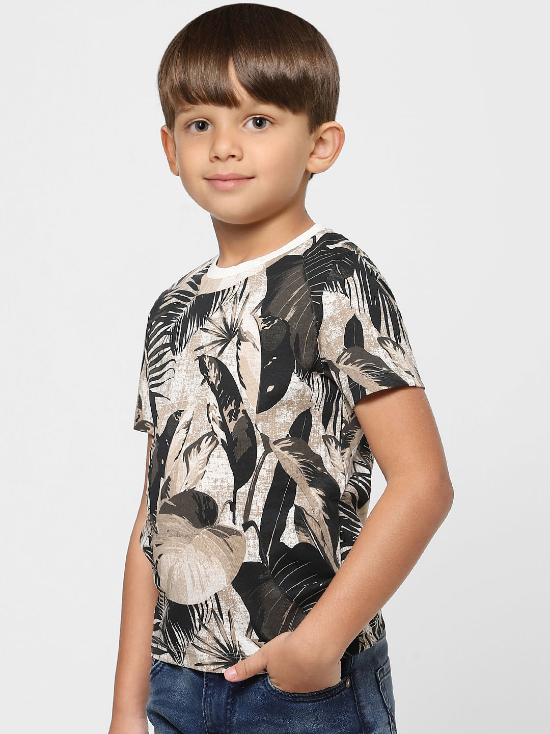 BOYS Beige & Green Tropical Print Crew Neck T-shirt