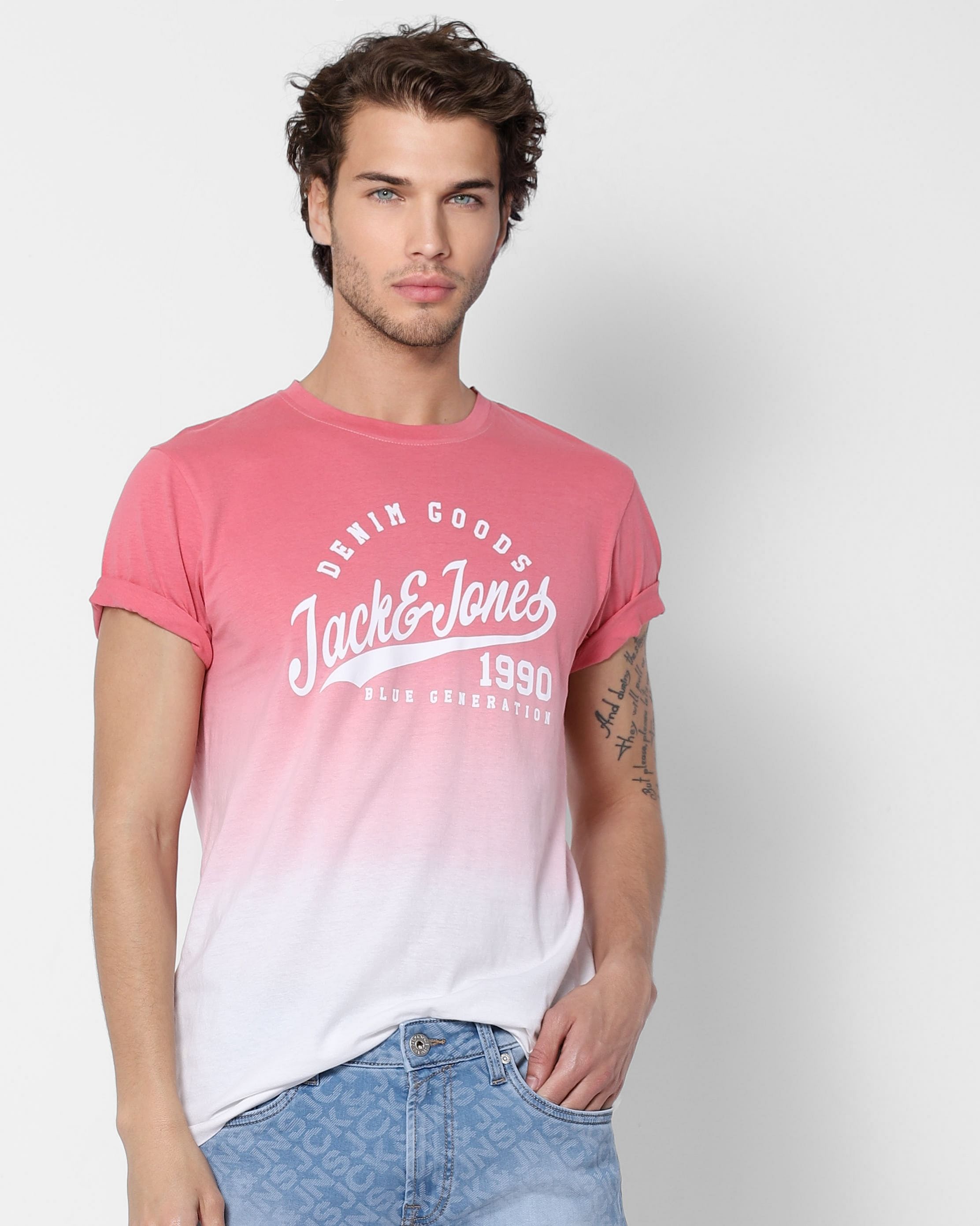 Pink Ombre Crew Neck Text Print T-shirt