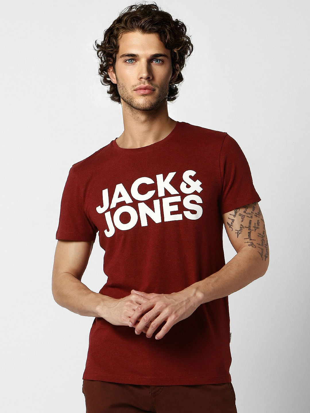 Dark Red Logo Print Crew Neck T-shirt