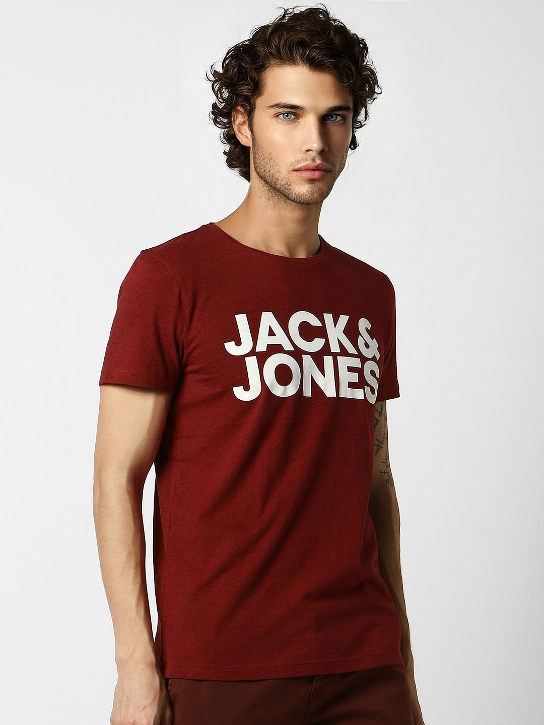 Dark Red Logo Print Crew Neck T-shirt