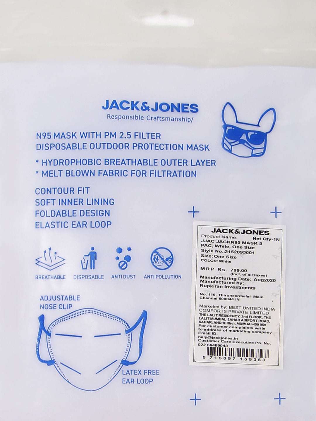 Pack of 5 White Logo Print N95 Mask with PM2.5 Filter